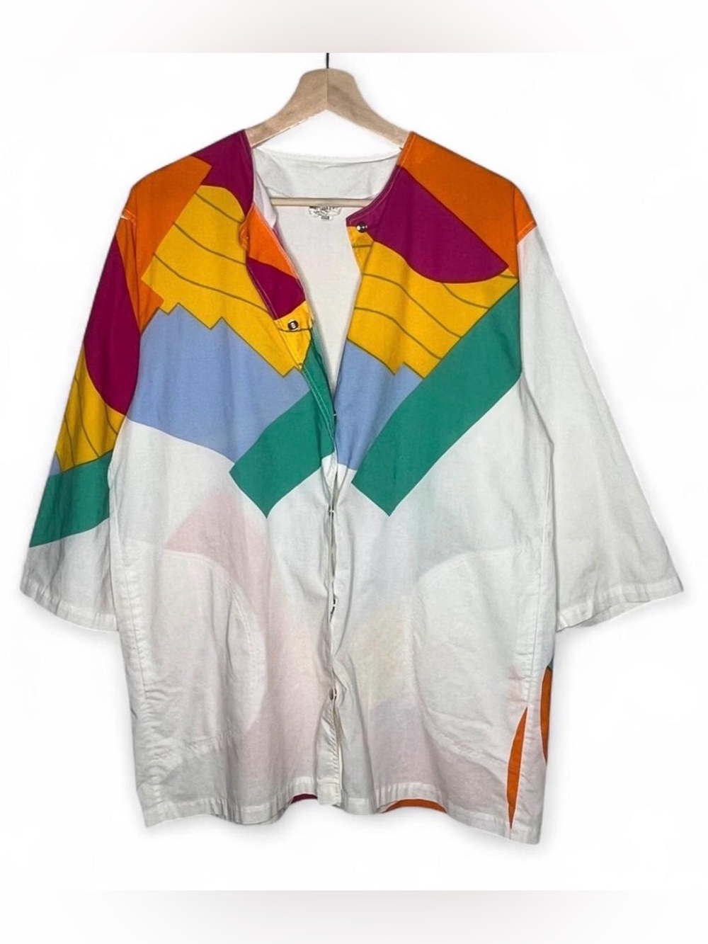 80s Vintage Marimekko Colorful Geometric Oversized Snap Button Forte Tunic Shirt